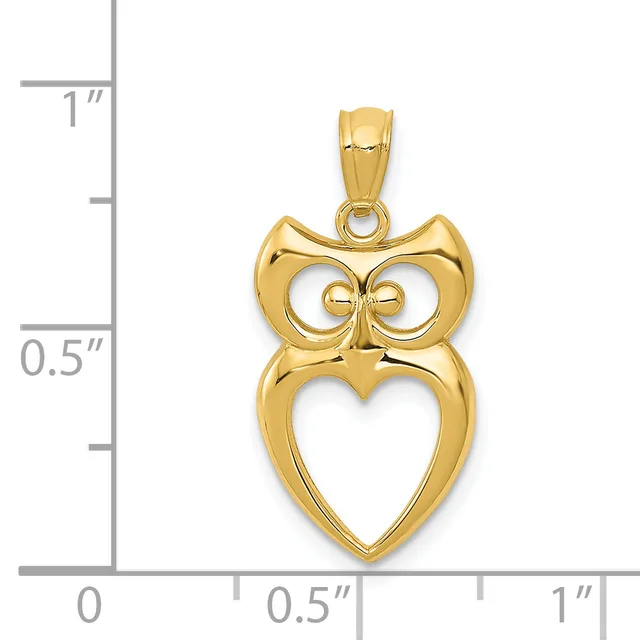 Gold owl pendant with circular eyes and a heart-shaped body, shown next to a ruler measuring approximately 0.75 inches tall.