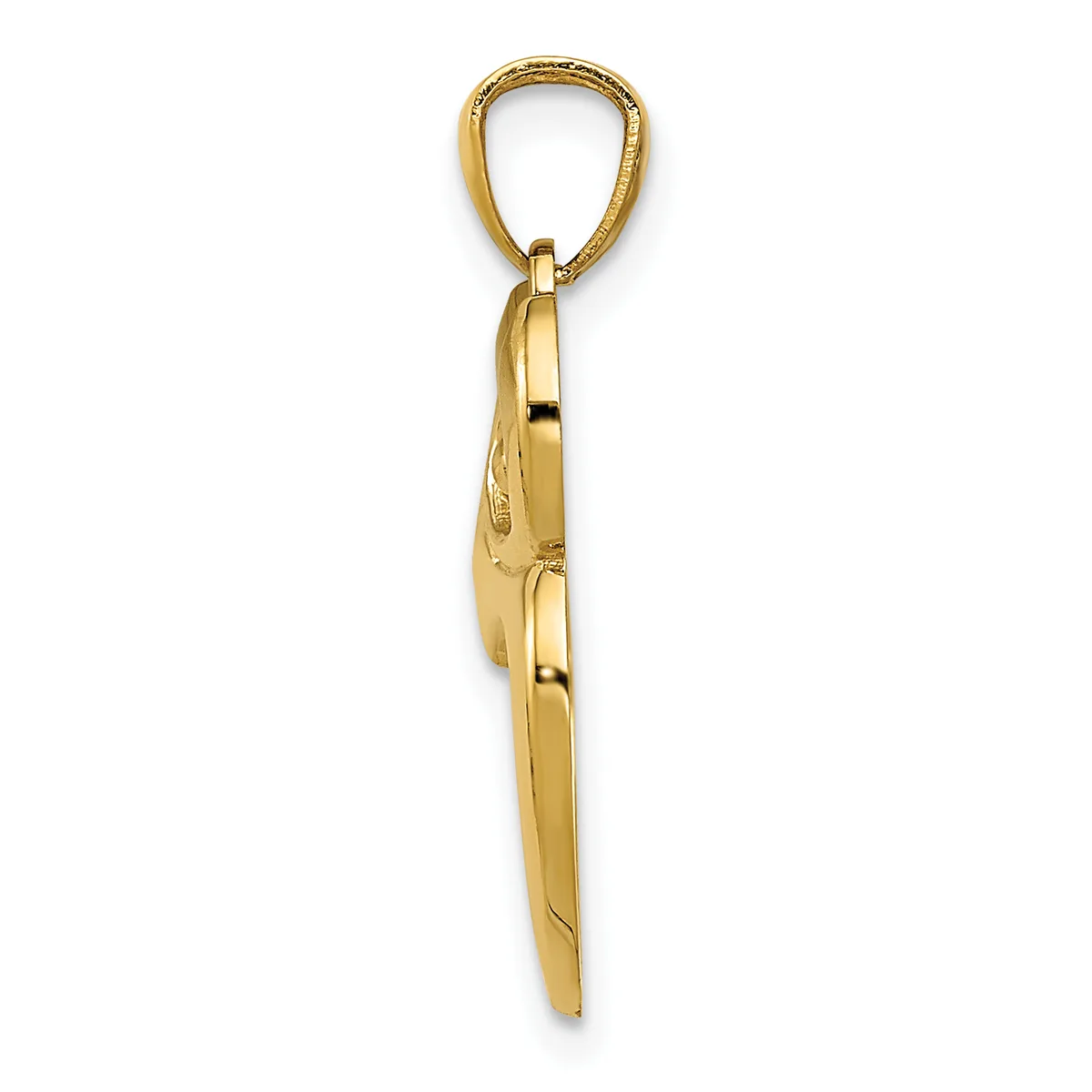 A polished gold-toned metal pendant featuring a pointed teardrop or leaf shape suspended from a looped bail, shown against a white background.