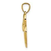 A polished gold-toned metal pendant featuring a pointed teardrop or leaf shape suspended from a looped bail, shown against a white background.