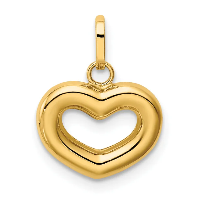 A polished gold heart-shaped pendant with a hollow center and a small loop bail at the top.