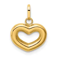 A polished gold heart-shaped pendant with a hollow center and a small loop bail at the top.