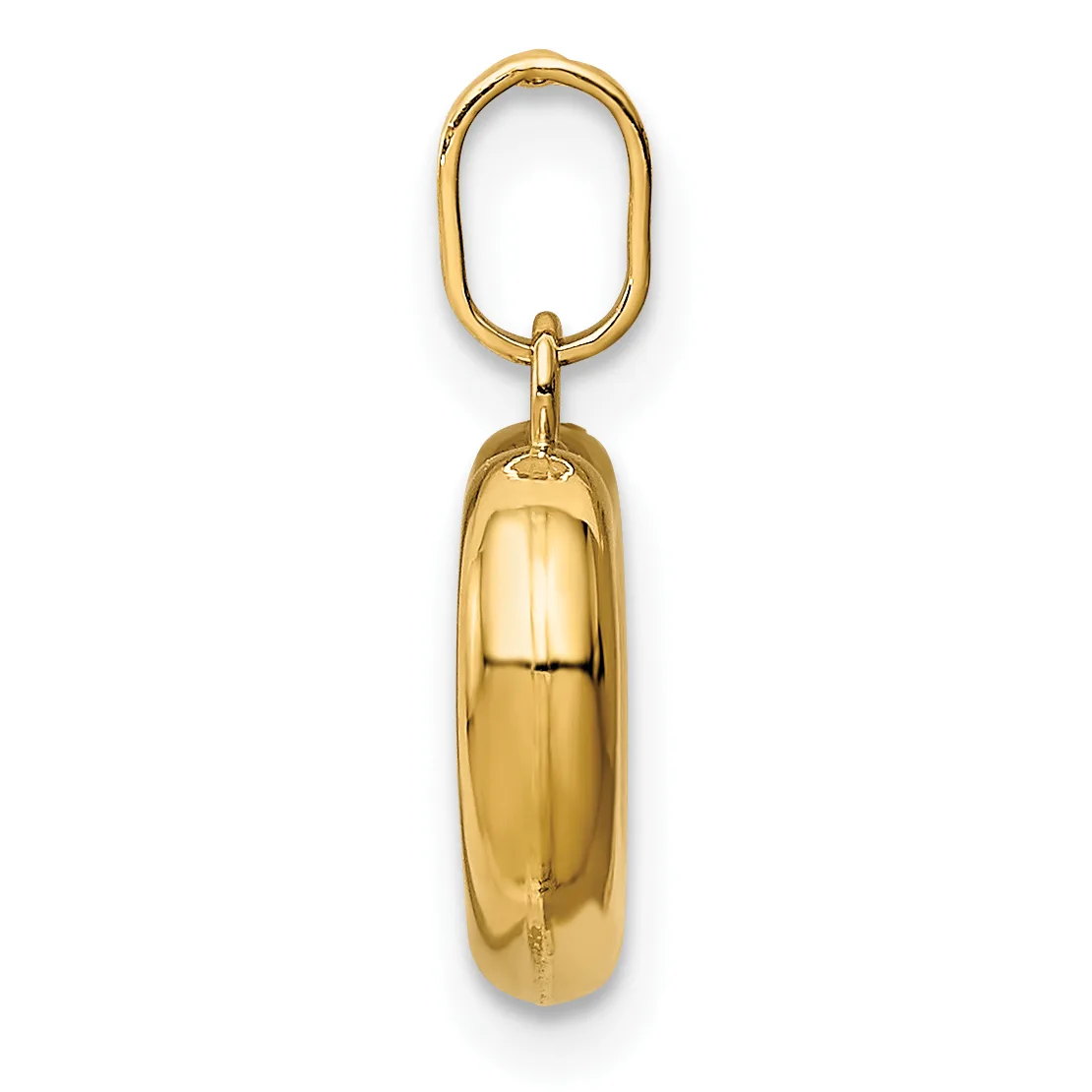 A polished gold-colored cylindrical pendant hangs from an oval loop bail against a white background.