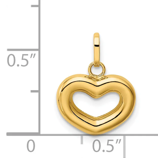 Gold-toned hollow heart pendant with a loop attachment, shown next to a ruler indicating it measures approximately half an inch wide and tall.