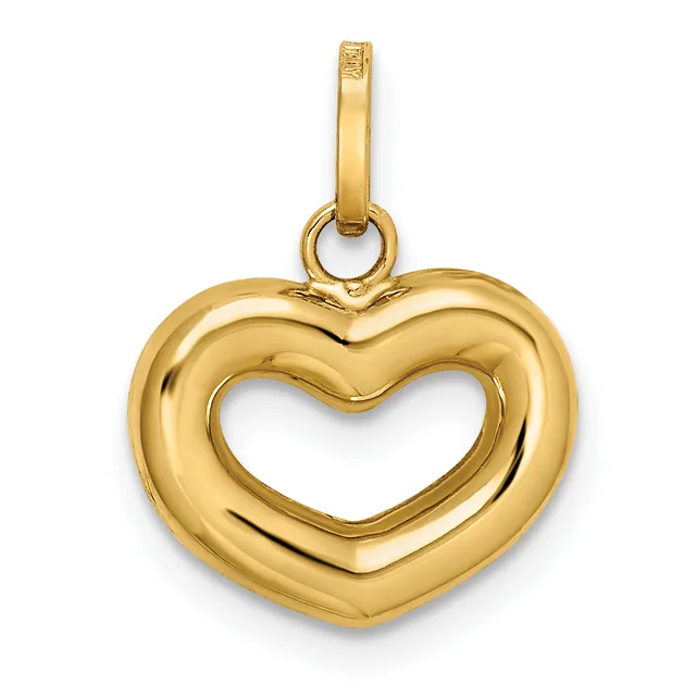 A polished gold heart-shaped pendant with a hollow center and a matching gold bail loop at the top.