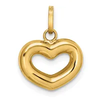 A polished gold heart-shaped pendant with a hollow center and a matching gold bail loop at the top.