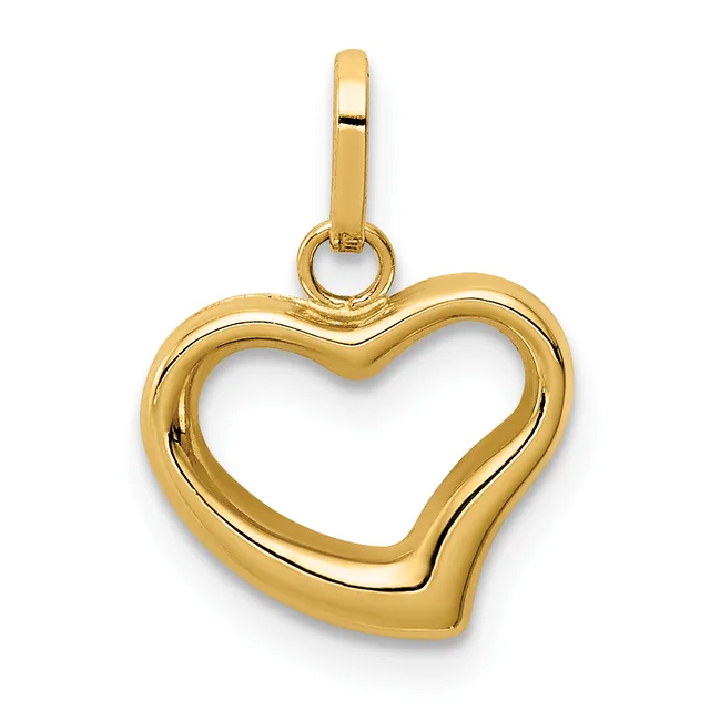 A polished gold heart-shaped pendant with a hollow center and a looped bail at the top for hanging on a chain.