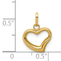 Gold-toned heart-shaped hollow pendant with a bail loop, shown next to a ruler indicating approximately 0.5 inches in width and height.