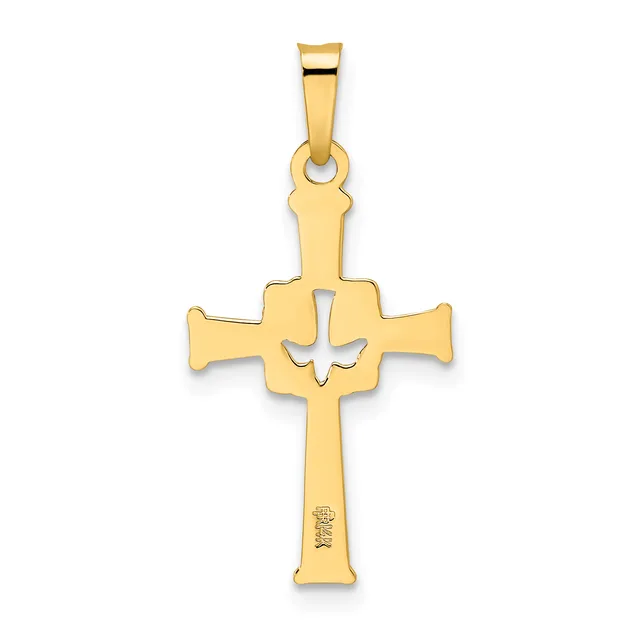 Gold cross pendant with a smaller cross cutout in the center and a small stamped hallmark on the lower shaft.