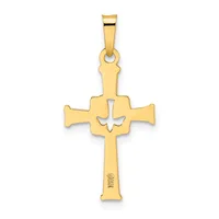 Gold cross pendant with a smaller cross cutout in the center and a small stamped hallmark on the lower shaft.