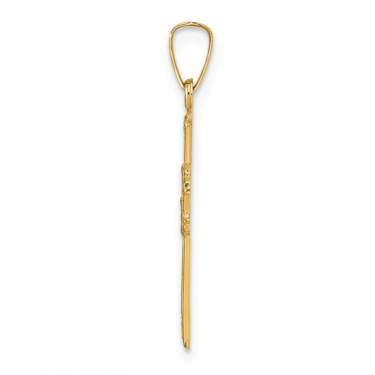 A long, thin gold teardrop-shaped pendant with decorative etched details along the shaft, shown hanging against a white background.