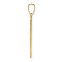 A long, thin gold teardrop-shaped pendant with decorative etched details along the shaft, shown hanging against a white background.