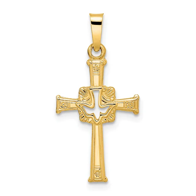 Gold cross pendant with decorative flared ends and textured center medallion, shown suspended from a bail against a white background.