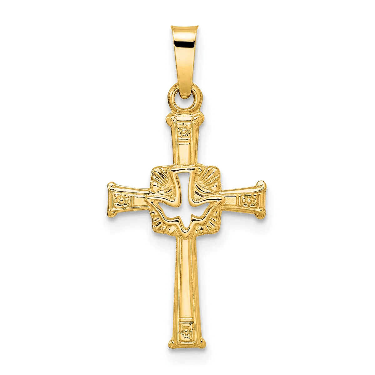 Gold cross pendant with decorative flared ends and textured center medallion, shown suspended from a bail against a white background.