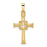 Gold cross pendant with decorative flared ends and textured center medallion, shown suspended from a bail against a white background.