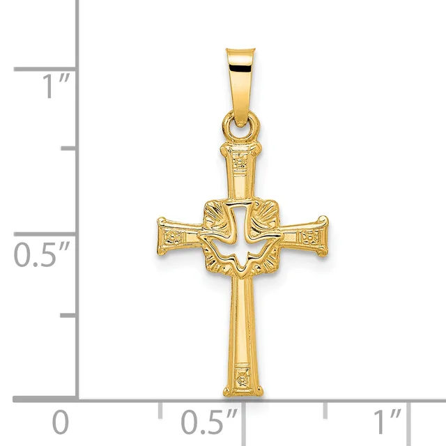 Gold cross pendant with ornate flared arms and a small stamped hallmark, shown against a measurement scale indicating approximately one inch in height.