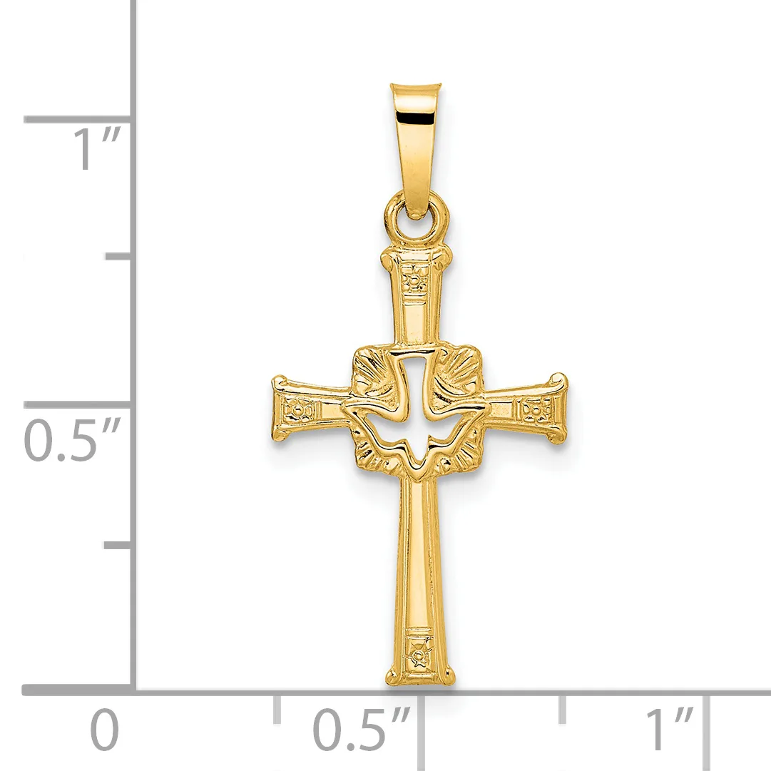 Gold cross pendant with ornate flared arms and a small stamped hallmark, shown against a measurement scale indicating approximately one inch in height.