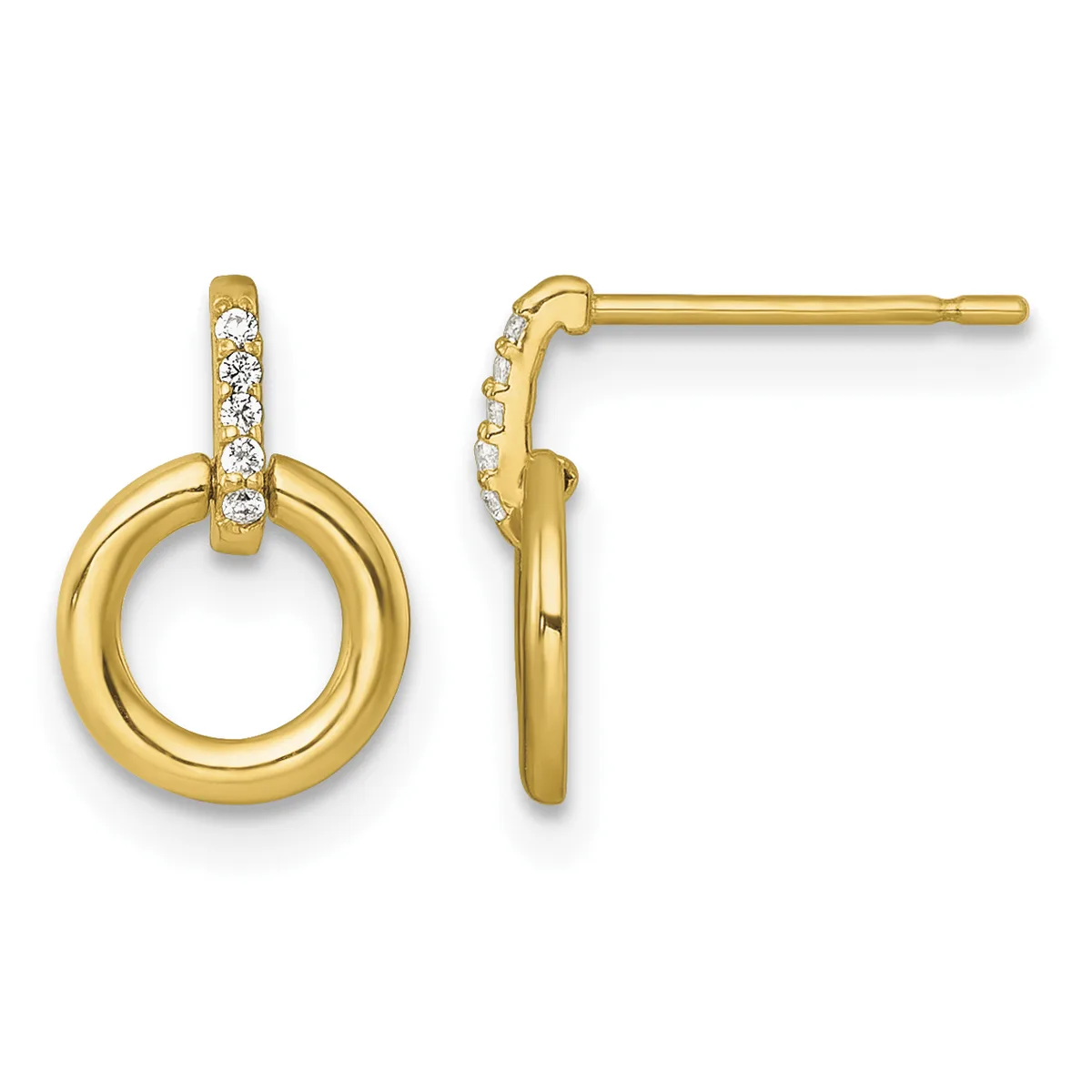 Pair of gold drop earrings with diamond-accented posts and polished circular pendant charms, shown from front and side views.