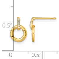 Pair of gold-toned dangle earrings with circular rings and diamond-accented posts, shown at actual size of 0.5 inches tall.
