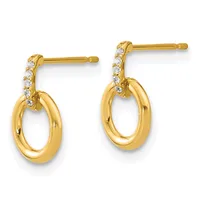 Pair of gold dangle earrings with diamond-set posts and polished oval loop drops.