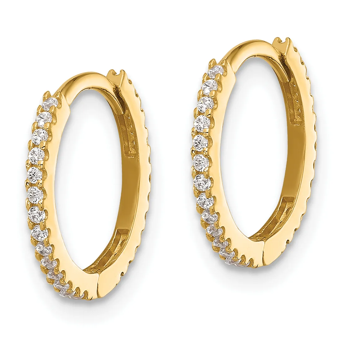 A pair of yellow gold hoop earrings with diamond accents along the outer edge, shown against a white background.