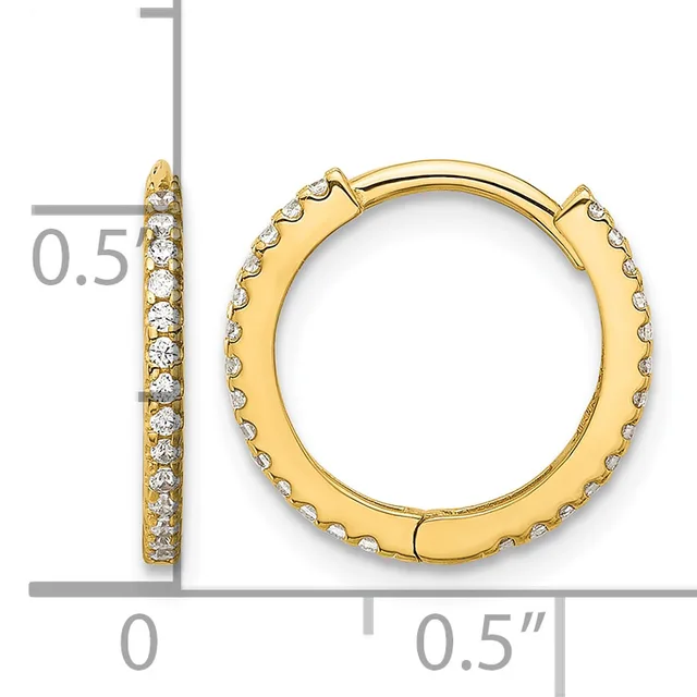 Gold hoop earrings with diamond accents shown next to a measurement scale indicating approximately 0.5 inches in diameter.