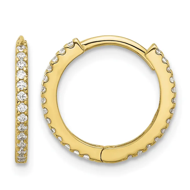 Pair of gold hoop earrings with hinged closure, decorated with round diamonds set along the outer edge.