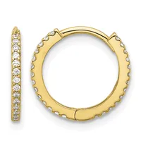 Pair of gold hoop earrings with hinged closure, decorated with round diamonds set along the outer edge.