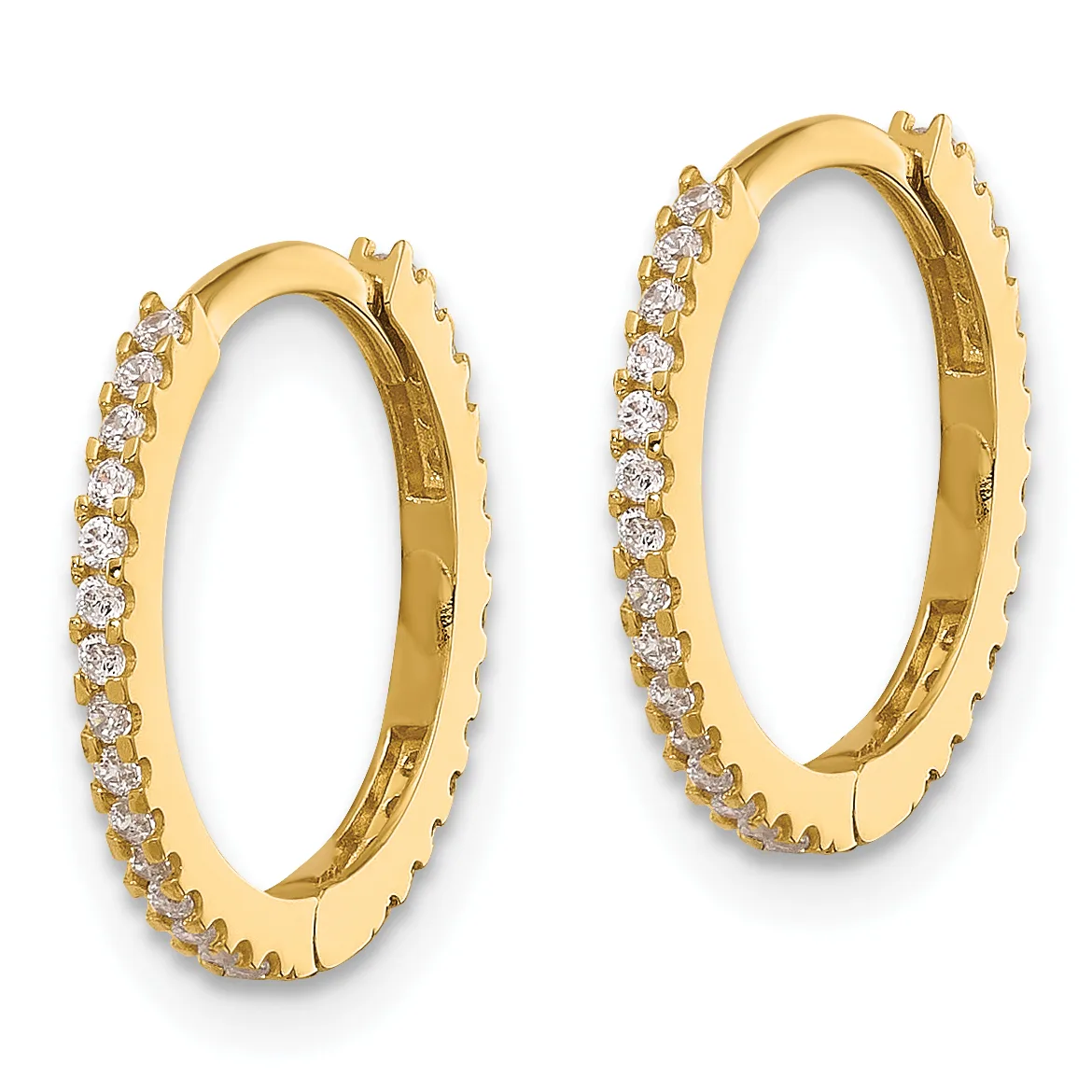A pair of gold hoop earrings with a continuous line of round diamonds set along the outer edge of each hoop.