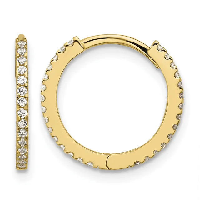 A pair of gold hoop earrings with diamond accents along the outer edges, shown from the front and side views.