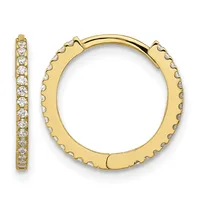 A pair of gold hoop earrings with diamond accents along the outer edges, shown from the front and side views.
