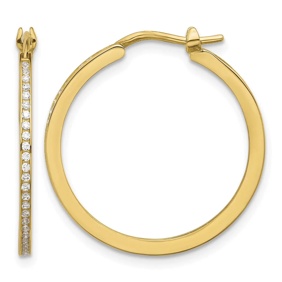 Pair of gold hoop earrings with diamond accents shown from the front and side, featuring a smooth polished finish and hinged posts.