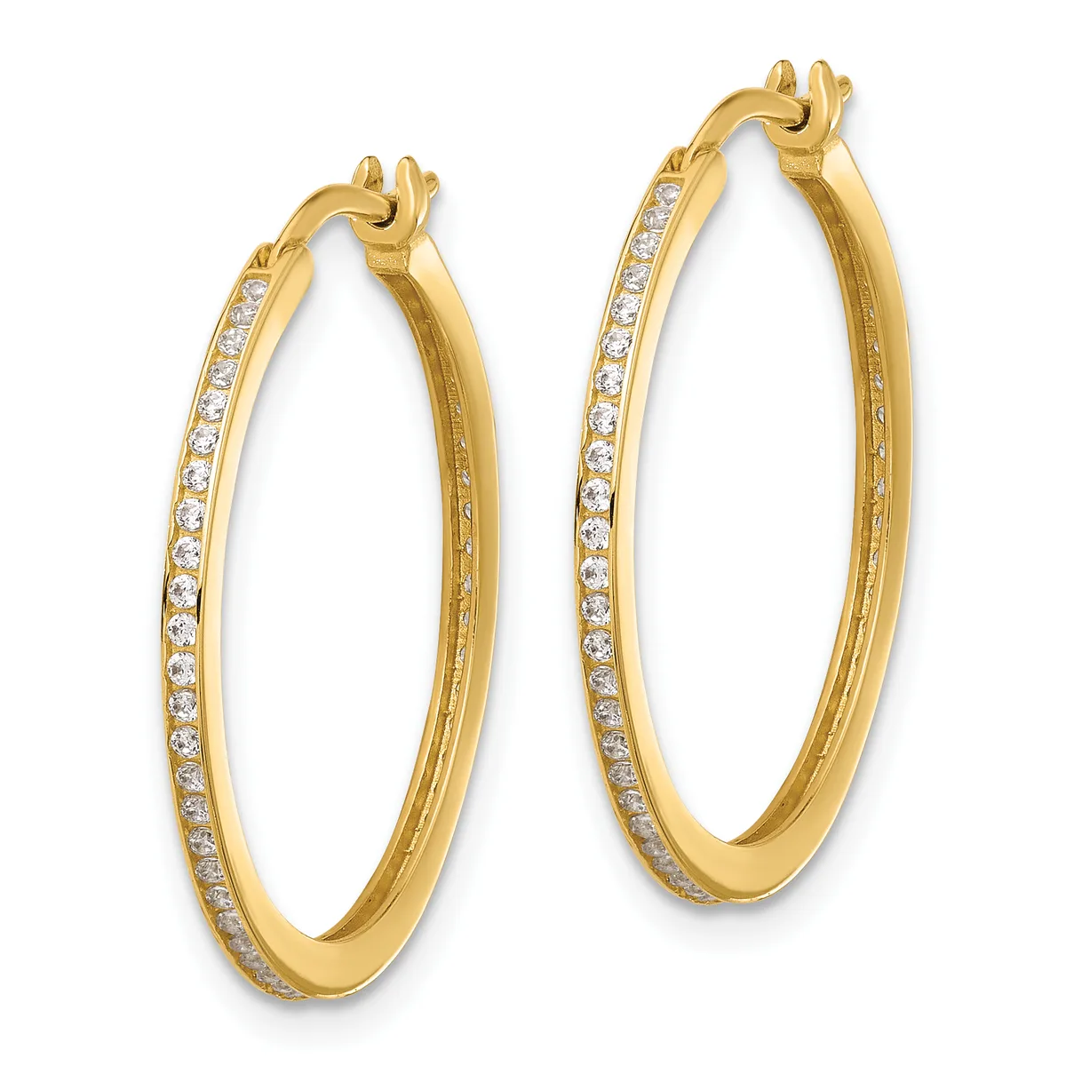 A pair of gold hoop earrings with diamond accents along the outer edge and hinged closures, shown against a white background.