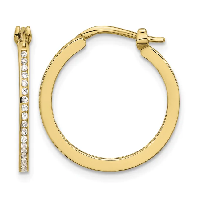 A pair of gold hoop earrings with one plain polished hoop and one hoop lined with small diamonds along the inner edge.