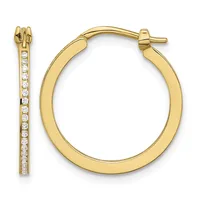 A pair of gold hoop earrings with one plain polished hoop and one hoop lined with small diamonds along the inner edge.
