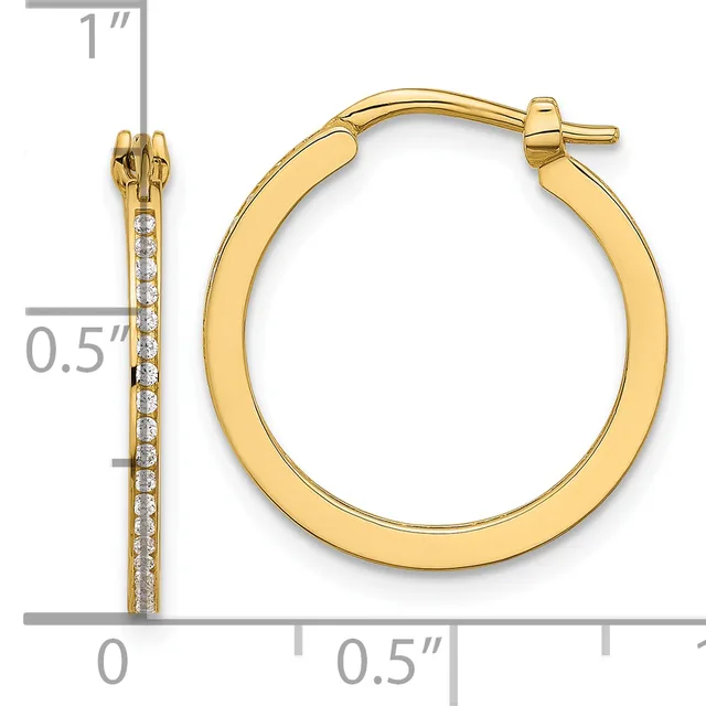 Gold hoop earrings with diamond accents along the inner edge, shown with measurement scale indicating approximately one inch in length.
