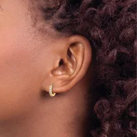 A person wearing a small gold hoop earring with diamond or crystal embellishments in their earlobe, shown in profile against dark curly hair.