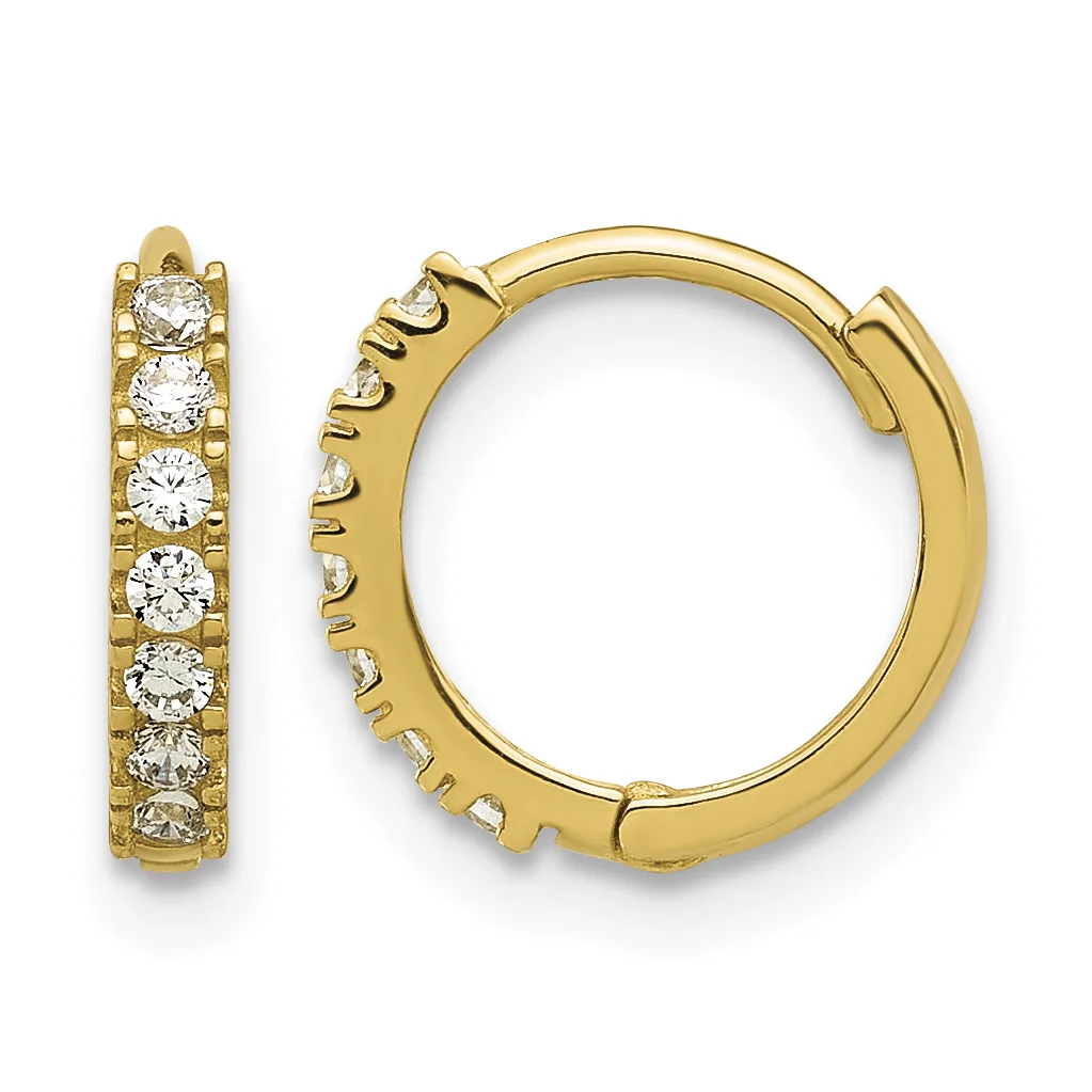 A pair of gold hoop earrings with hinged closures, each featuring a vertical line of round diamond stones set along the outer edge.