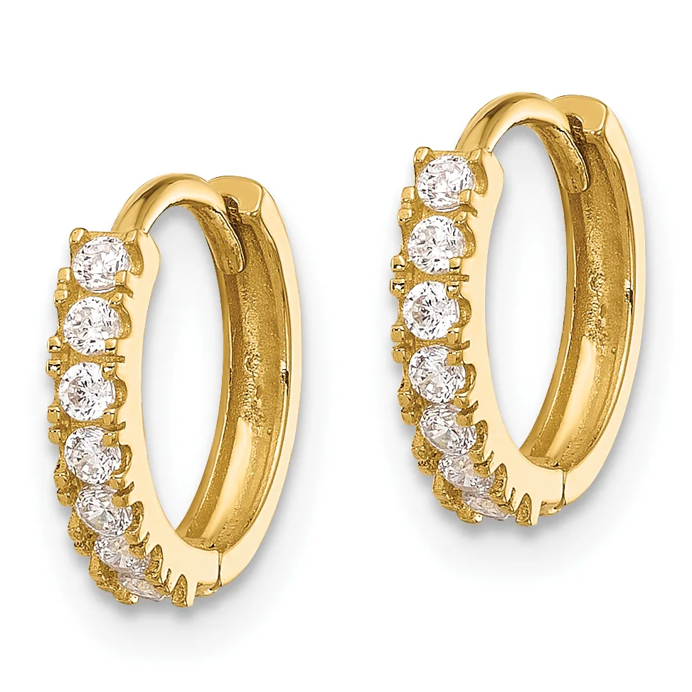 Pair of gold hoop earrings with cubic zirconia stones set along the front, shown from the front view against a white background.