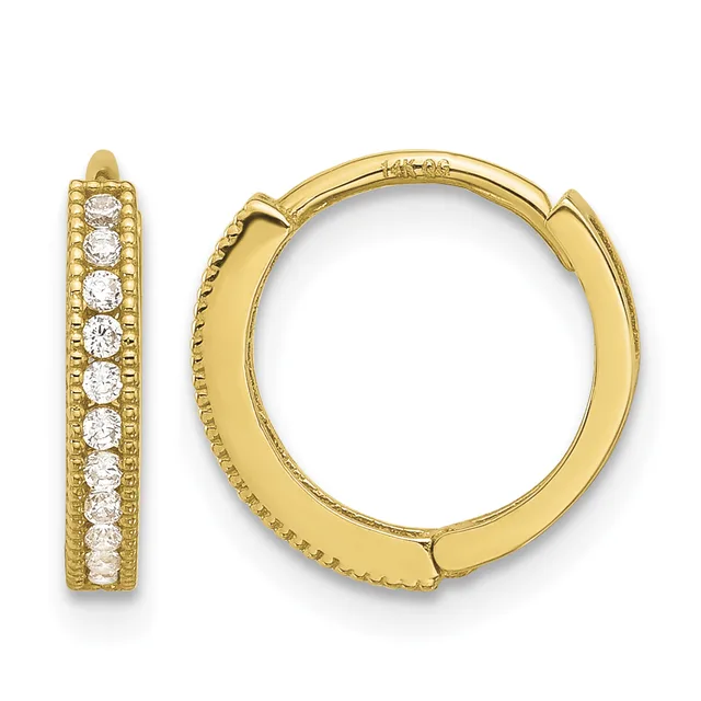Pair of gold hoop earrings with hinged closures, decorated with a single row of round diamonds set along the outer edge.