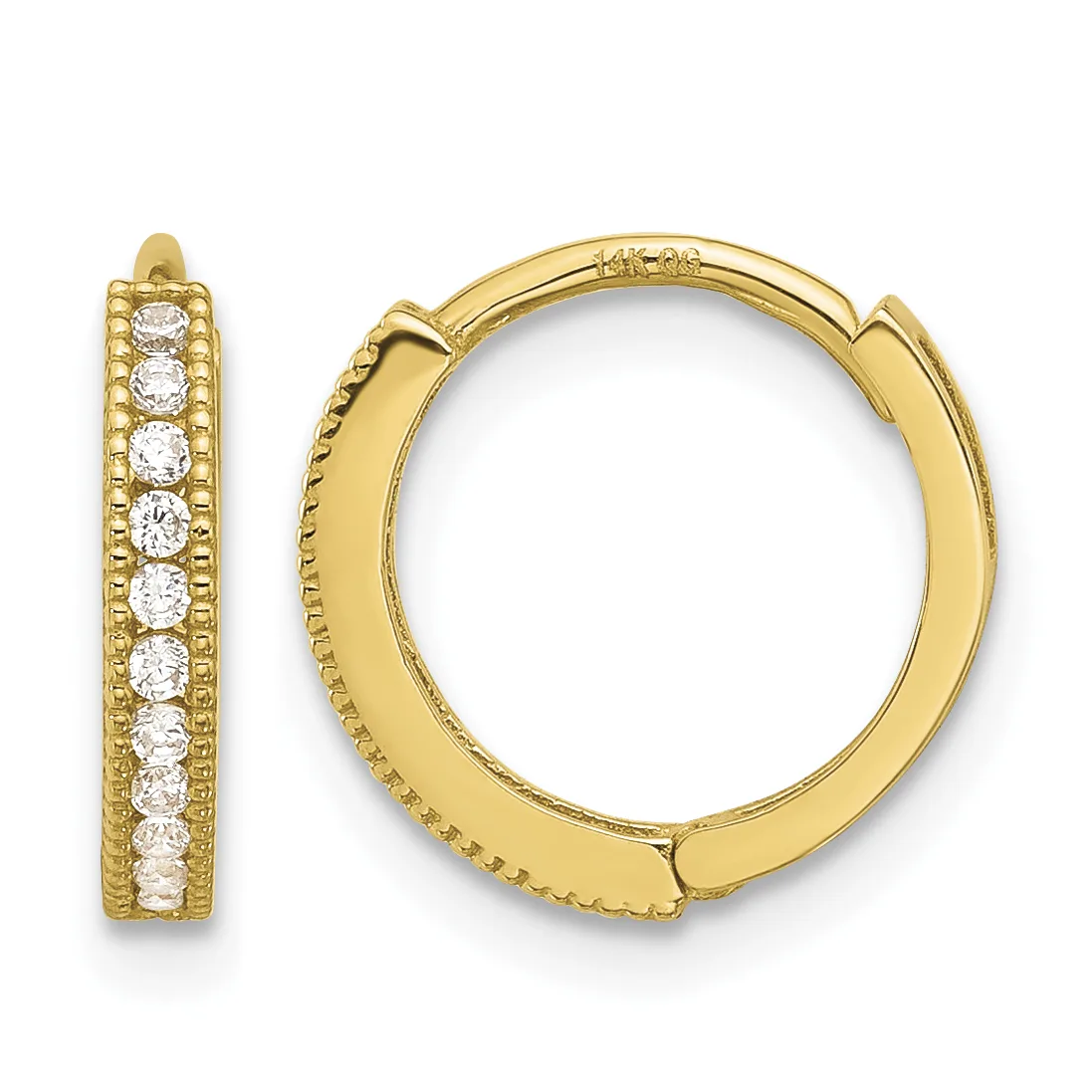 Pair of gold hoop earrings with hinged closures, decorated with a single row of round diamonds set along the outer edge.