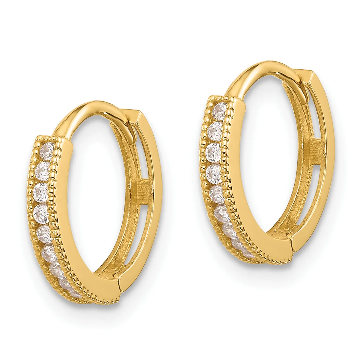 A pair of gold hoop earrings with round cubic zirconia stones set along the front and decorative milgrain detailing on the sides.