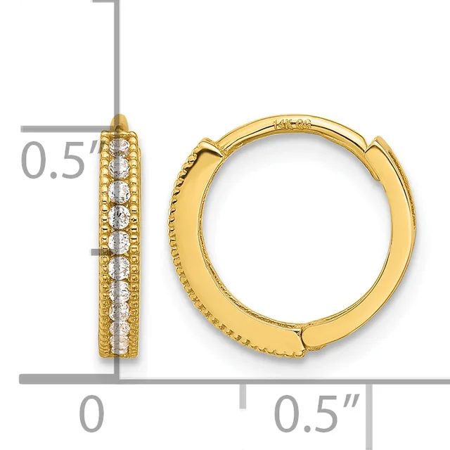 Gold hoop earrings with a textured finish and a center channel of round diamonds, shown from front and side views with measurement scale.
