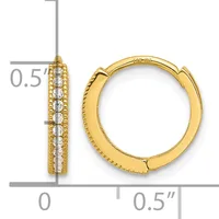 Gold hoop earrings with a textured finish and a center channel of round diamonds, shown from front and side views with measurement scale.