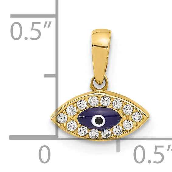 Gold pendant featuring an eye-shaped charm with a dark blue center stone surrounded by white round crystals, shown next to a ruler indicating approximately half inch dimensions.
