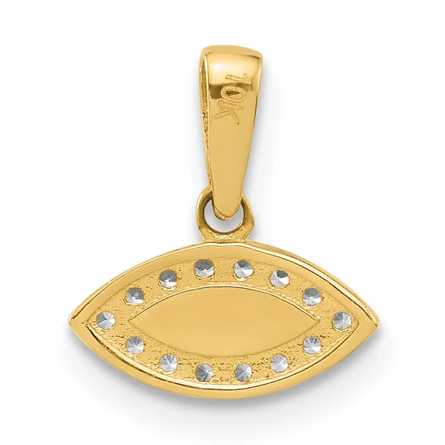 Gold pendant shaped like an eye with crystal rhinestones set around the outline and a polished center, suspended from a gold bail.
