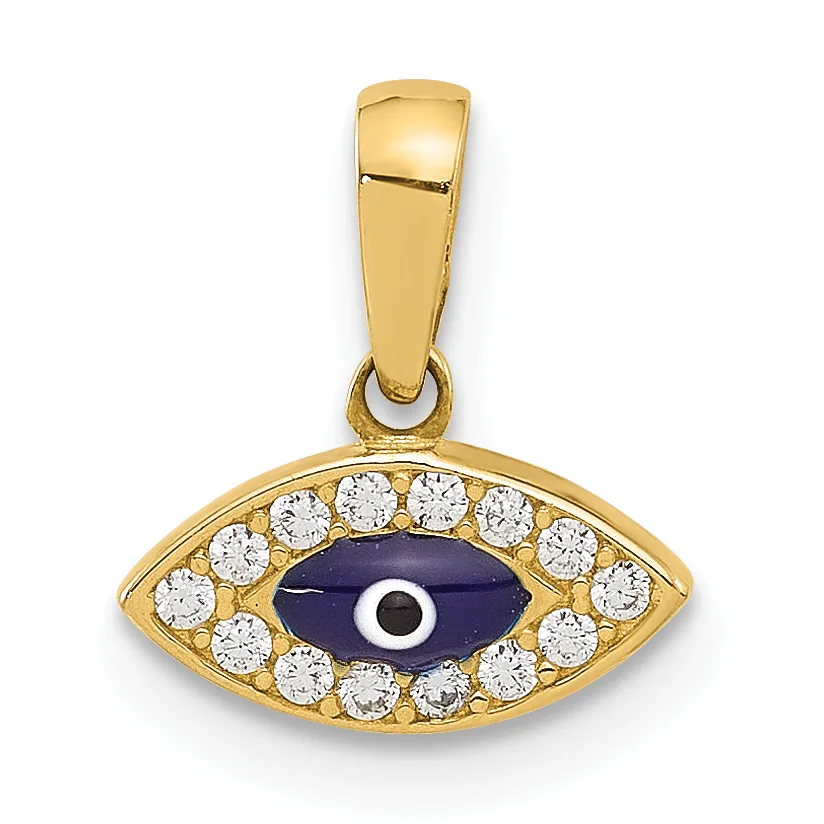 Gold pendant featuring an eye-shaped design with a dark blue center stone, white circular gemstones around the border, and a small white stone pupil, suspended from a gold bail.
