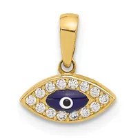 Gold pendant featuring an eye-shaped design with a dark blue center stone, white circular gemstones around the border, and a small white stone pupil, suspended from a gold bail.
