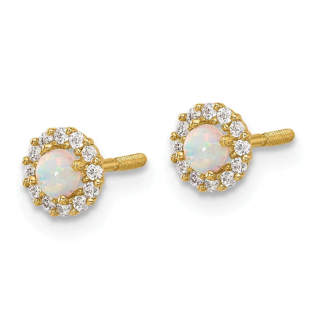 A pair of gold stud earrings with round opal centers surrounded by a halo of small round diamonds, shown from the front.