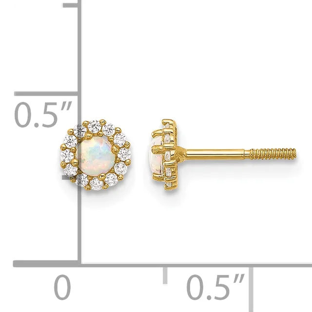 Pair of gold stud earrings featuring round opal centers surrounded by a halo of round diamonds, shown with measurement scale indicating approximately 0.5 inches in diameter.