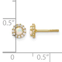 Pair of gold stud earrings featuring round opal centers surrounded by a halo of round diamonds, shown with measurement scale indicating approximately 0.5 inches in diameter.